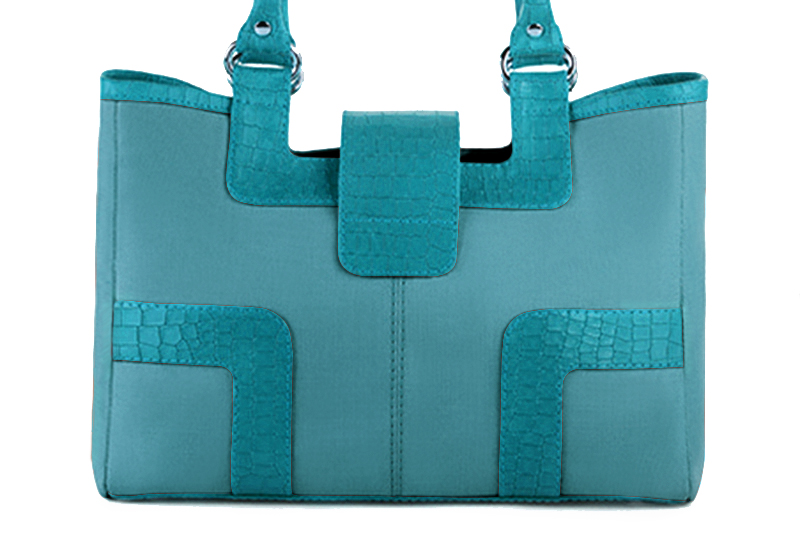 Aquamarine blue women's dress handbag, matching pumps and belts. Rear view - Florence KOOIJMAN